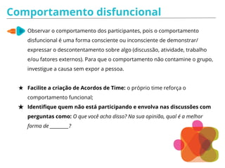 Pontos de atenção
Esteja sempre atento a conversas paralelas;
Preste sempre atenção no relógio. Seja flexível, balance a
necessidade de participação com a necessidade de manter a
agenda;
Aprenda o que fazer quando uma discussão não está chegando
a uma conclusão.;
Esteja sempre atento às pessoas que não estejam participando
adequadamente;
Esteja atento ao comportamento verbal e não-verbal do grupo;
 