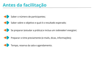 Simulação de Facilitação - OBJETIVO
Papel da pessoa facilitadora:
O Time deve decidir em 10 minutos quais treinamentos serão contratados no
primeiro semestre de 2016. O orçamento disponível é de R$35.000,00 e as opções
são:
- Técnicas de Facilitação: R$15.000,00
- Management 3.0: R$25.000,00
- Certified Scrum Developer: R$20.000,00
- Agile Testing: R$20.000,00
- O time deve reservar um valor para participar de eventos? Quanto?
 