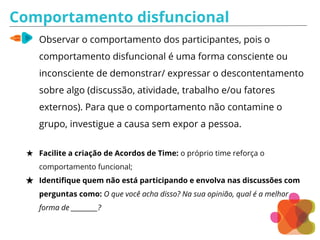 Comportamento disfuncional
Observar o comportamento dos participantes, pois o
comportamento disfuncional é uma forma consciente ou
inconsciente de demonstrar/ expressar o descontentamento
sobre algo (discussão, atividade, trabalho e/ou fatores
externos). Para que o comportamento não contamine o
grupo, investigue a causa sem expor a pessoa.
★ Facilite a criação de Acordos de Time: o próprio time reforça o
comportamento funcional;
★ Identifique quem não está participando e envolva nas discussões com
perguntas como: O que você acha disso? Na sua opinião, qual é a melhor
forma de _________?
 