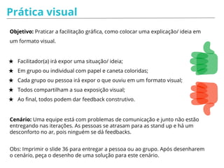 Prática visual
Objetivo: Praticar a facilitação gráfica, como colocar uma explicação/ ideia em
um formato visual.
★ Facilitador(a) irá expor uma situação/ ideia;
★ Em grupo ou individual com papel e caneta coloridas;
★ Cada grupo ou pessoa irá expor o que ouviu em um formato visual;
★ Todos compartilham a sua exposição visual;
★ Ao final, todos podem dar feedback construtivo.
Cenário: Uma equipe está com problemas de comunicação e junto não estão
entregando nas iterações. As pessoas se atrasam para as stand up e há um
desconforto no ar, pois ninguém se dá feedbacks.
Obs: Imprimir o slide 36 para entregar a pessoa ou ao grupo. Após desenharem
o cenário, peça o desenho de uma solução para este cenário.
 