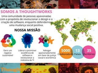 SOMOS A THOUGHTWORKS
Uma comunidade de pessoas apaixonadas
com o propósito de revolucionar o design e a
criação de software, enquanto defendemos
uma mudança social positiva.
NOSSA MISSÃO
Gerir um
negócio
sustentável
Advogar
apaixonadamente
em favor de justiça
social e econômica
Liderar e promover
excelência de
software e
revolucionar a
indústria de TI
5000
Colaboradores
13
Países
35
Escritórios
 