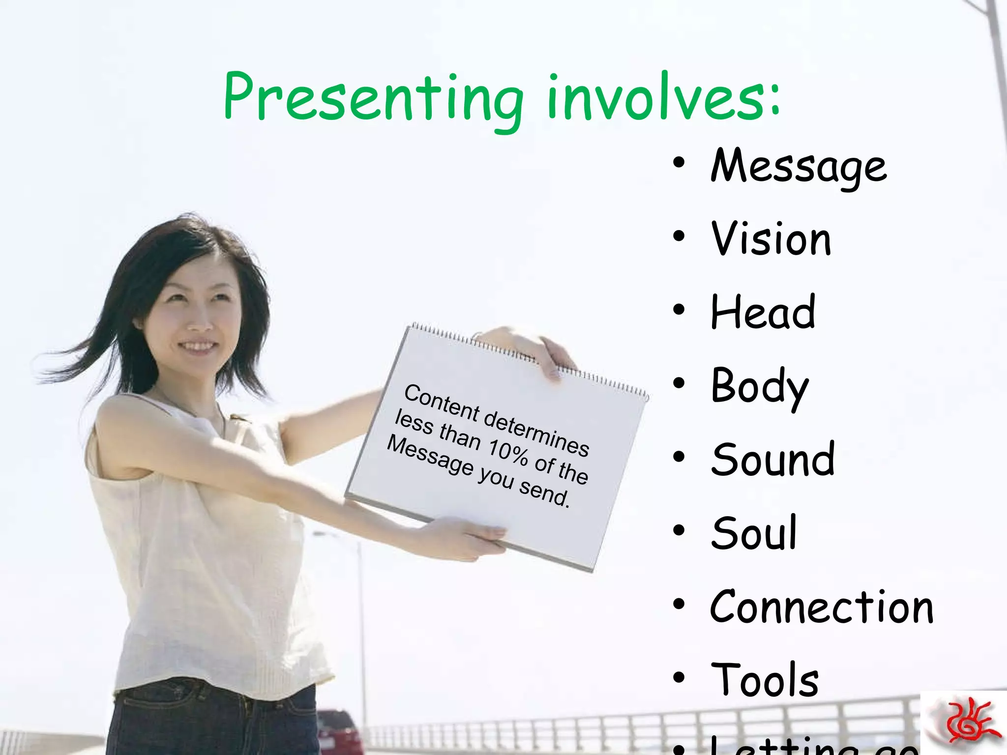 Presenting involves: Message Vision Head Body Sound Soul Connection Tools Letting go Content determines less than 10% of the Message you send. 