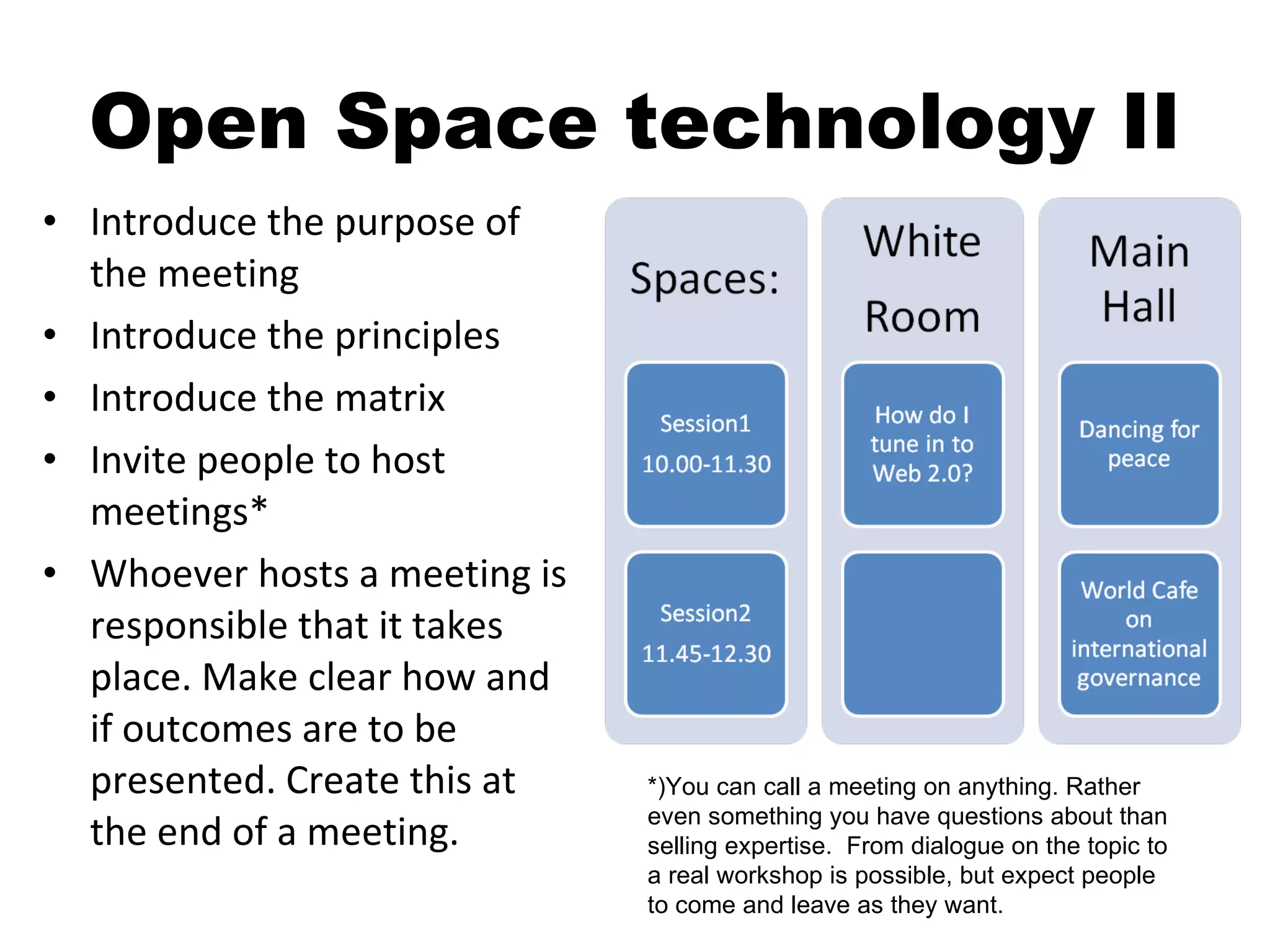 Open Space technology II Introduce the purpose of the meeting Introduce the principles Introduce the matrix Invite people to host meetings* Whoever hosts a meeting is responsible that it takes place. Make clear how and if outcomes are to be presented. Create this at the end of a meeting. *)You can call a meeting on anything. Rather even something you have questions about than selling expertise.  From dialogue on the topic to a real workshop is possible, but expect people to come and leave as they want. 