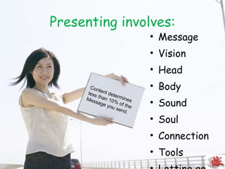 Presenting involves: Message Vision Head Body Sound Soul Connection Tools Letting go Content determines less than 10% of the Message you send. 