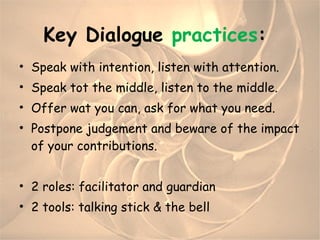 Key  Dialogue  practices :  Speak with intention, listen with attention. Speak tot the middle, listen to the middle. Offer wat you can, ask for what you need. Postpone judgement and beware of the impact of your contributions. 2 roles: facilitator and guardian 2 tools: talking stick & the bell 