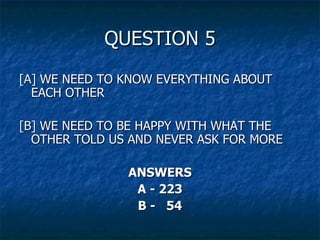 QUESTION 5 [A]  WE NEED TO KNOW EVERYTHING ABOUT EACH OTHER [B]  WE NEED TO BE HAPPY WITH WHAT THE OTHER TOLD US AND NEVER ASK FOR MORE ANSWERS A - 223 B -  54 