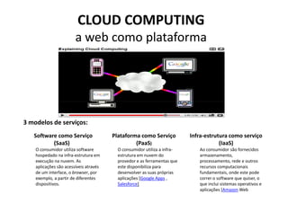 CLOUD COMPUTING
                        a web como plataforma




3 modelos de serviços:
   Software como Serviço                Plataforma como Serviço           Infra-estrutura como serviço
          (SaaS)                                 (PaaS)                               (IaaS)
    O consumidor utiliza software         O consumidor utiliza a infra-      Ao consumidor são fornecidos
    hospedado na infra-estrutura em       estrutura em nuvem do              armazenamento,
    execução na nuvem. As                 provedor e as ferramentas que      processamento, rede e outros
    aplicações são acessíveis através     este disponibiliza para            recursos computacionais
    de um interface, o browser, por       desenvolver as suas próprias       fundamentais, onde este pode
    exemplo, a partir de diferentes       aplicações [Google Apps ,          correr o software que quiser, o
    dispositivos.                         Salesforce]                        que inclui sistemas operativos e
                                                                             aplicações [Amazon Web
                                                                             Services]
 