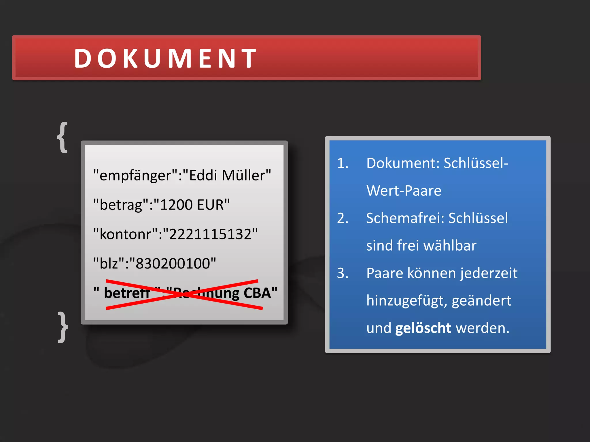 DOKUMENT{Dokument: Schlüssel-Wert-PaareSchemafrei: Schlüssel sind frei wählbarPaare können jederzeit hinzugefügt, geändert und gelöscht werden"empfänger":"Eddi Müller""betrag":"1200 EUR""kontonr":"2221115132""blz":"830200100"}