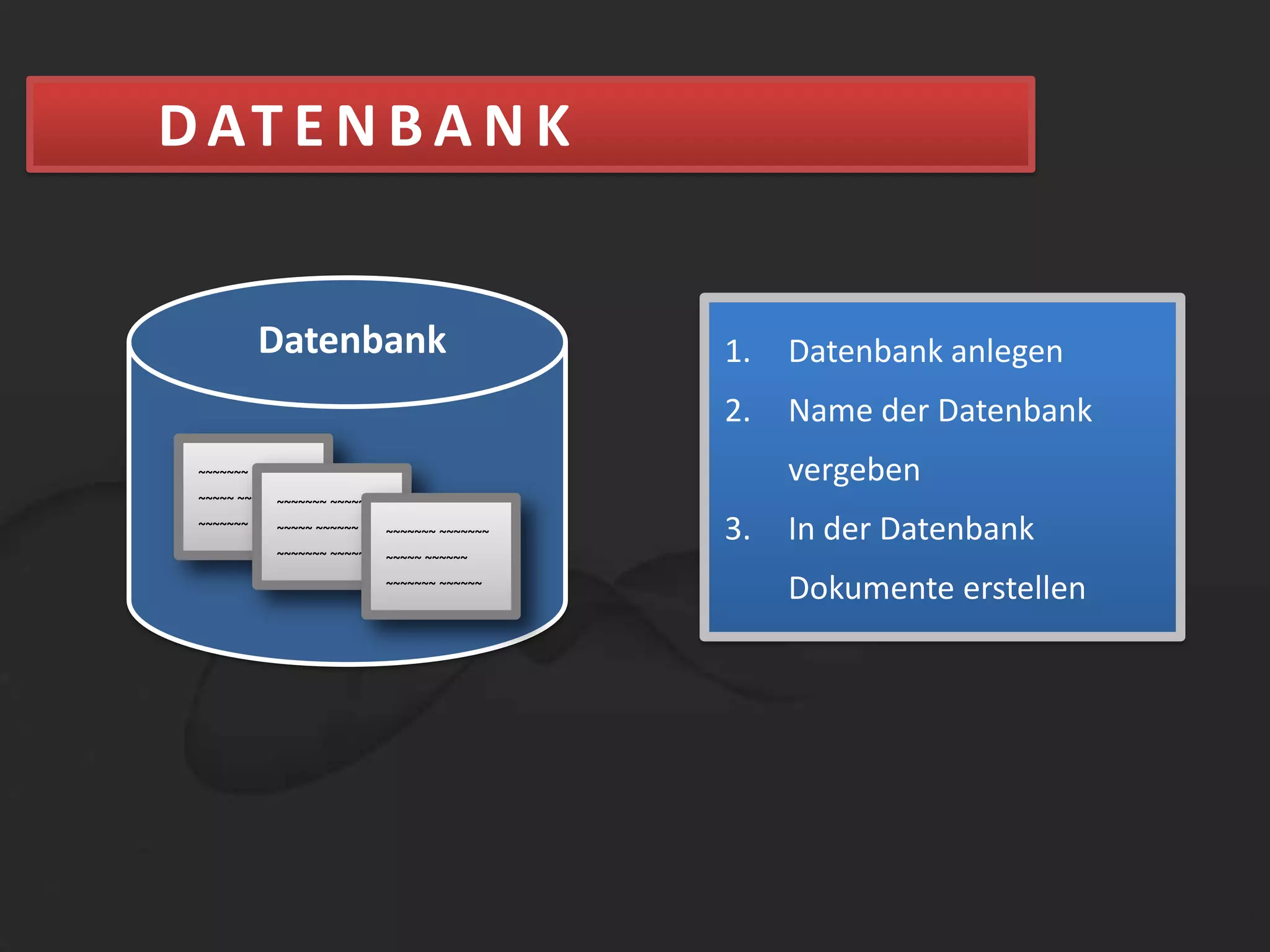 DOKUMENT{Dokument: Schlüssel-Wert-PaareSchemafrei: Schlüssel sind frei wählbarPaare können jederzeit hinzugefügt, geändert und gelöscht werden."empfänger":"Eddi Müller""betrag":"1200 EUR""kontonr":"2221115132""blz":"830200100"" betreff ":"Rechnung ABC"}