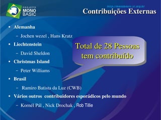 ● Alemanha 
– Jochen wezel , Hans Kratz
● Liechtenstein
– David Sheldon 
● Christmas Island
– Peter Williams 
● Brasil
–  Ramiro Batista da Luz (CWB)
● Vários outros  contribuidores esporádicos pelo mundo
– Kornél Pál , Nick Drochak , Rob Tillie 
Contribuições ExternasContribuições Externas
Total de 28 Pessoas Total de 28 Pessoas 
tem contribuído tem contribuído 
 