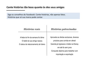 Conte histórias tão boas quanto às dos seus amigos
Siga os conselhos do Facebook: Conte histórias, não apenas fatos.
Histórias que só sua marca pode contar.

Histórias reais

Histórias patrocinadas

A festa do fim de semana foi ótima

Aproveite as ofertas exclusivas, diversos

O bebê da sua amiga nasceu

produtos para corrida em oferta!

O status de relacionamento de fulano

Garanta já ingressos e hotéis na Disney

em até 6x sem juros
Conquiste diploma para trabalhar com
importação e exportação

 