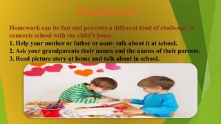 Homework
Homework can be fun and provides a different kind of challenge. It
connects school with the child’s home.
1. Help your mother or father or aunt- talk about it at school.
2. Ask your grandparents their names and the names of their parents.
3. Read picture story at home and talk about in school.
 