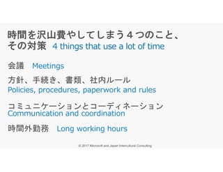 会議
方針、手続き、書類、社内ルール
4 things that use a lot of time
コミュニケーションとコーディネーション
時間外勤務
 