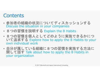 Contents
Discuss the situation in your companies
Explain the 8 Habits
Explore how to apply the 8 Habits to yourExplore how to apply the 8 Habits to your
own individual work
Talk about how to apply the 8 Habits in
your organization
 