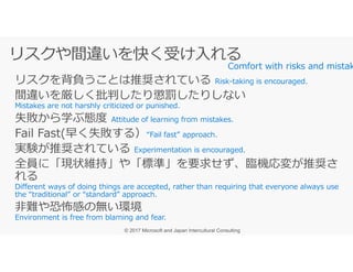 リスクを背負うことは推奨されている
間違いを厳しく批判したり懲罰したりしない
失敗から学ぶ態度
Fail Fast(早く失敗する）
Comfort with risks and mistak
Fail Fast(早く失敗する）
実験が推奨されている
全員に「現状維持」や「標準」を要求せず、臨機応変が推奨さ
れる
非難や恐怖感の無い環境
 