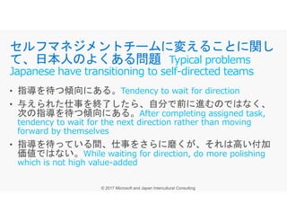 Tendency to wait for direction
After completing assigned task,
セルフマネジメントチームに変えることに関し
て、日本人のよくある問題 Typical problems
Japanese have transitioning to self-directed teams
After completing assigned task,
tendency to wait for the next direction rather than moving
forward by themselves
While waiting for direction, do more polishing
which is not high value-added
 