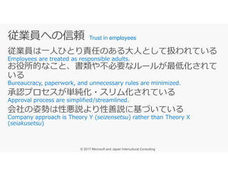 従業員は一人ひとり責任のある大人として扱われている
お役所的なこと、書類や不必要なルールが最低化されて
いる
承認プロセスが単純化・スリム化されている
Trust in employees
承認プロセスが単純化・スリム化されている
会社の姿勢は性悪説より性善説に基づいている
 