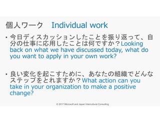 • 今日ディスカッションしたことを振り返って、自
分の仕事に応用したことは何ですか？Looking
back on what we have discussed today, what do
you want to apply in your own work?
Individual work
• 良い変化を起こすために、あなたの組織でどんな
ステップをとれますか？
 