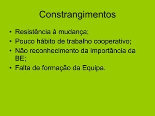 Constrangimentos Resistência à mudança; Pouco hábito de trabalho cooperativo; Não reconhecimento da importância da BE; Falta de formação da Equipa. 