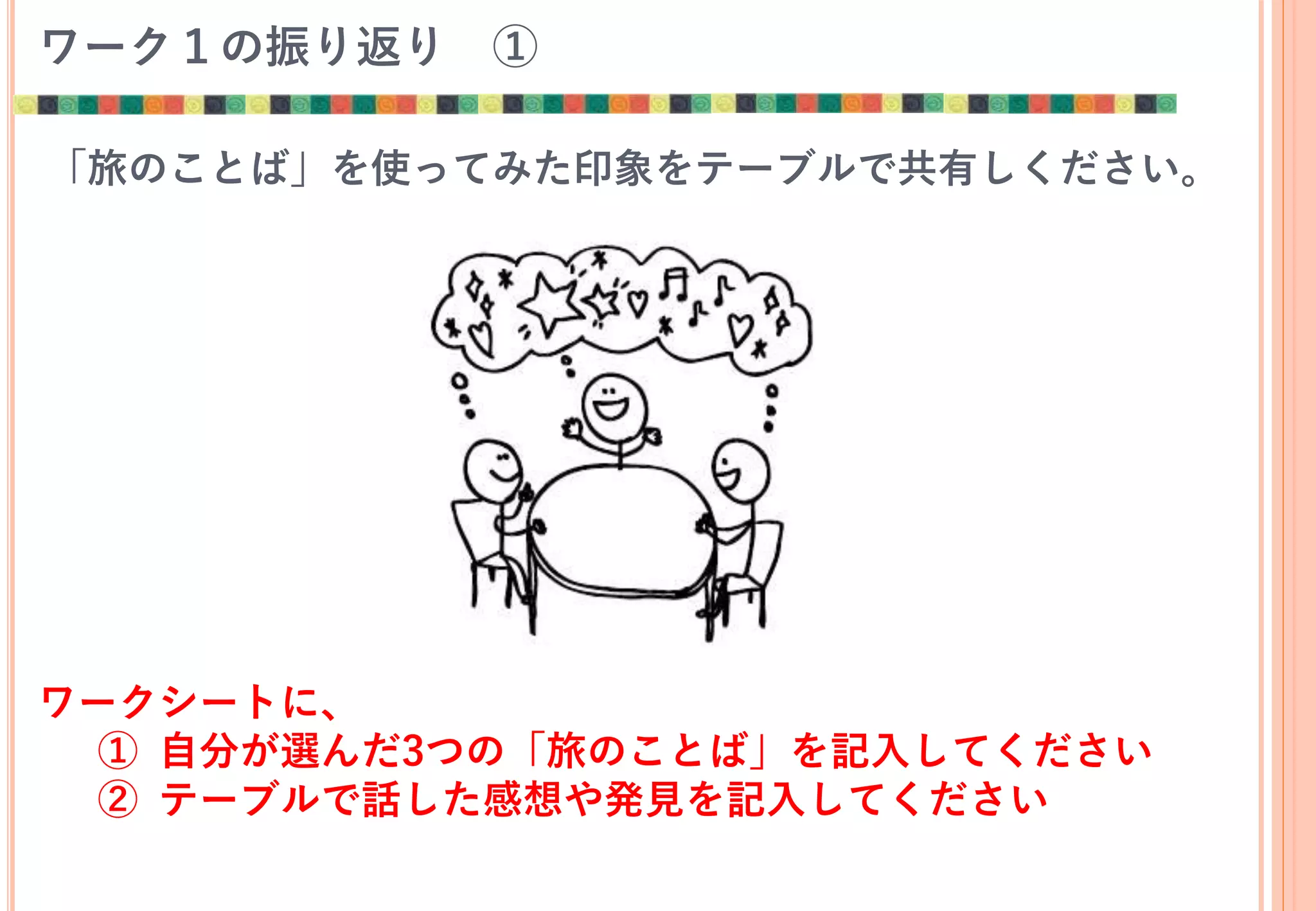 ワーク１の振り返り ①
「旅のことば」を使ってみた印象をテーブルで共有しください。
ワークシートに、
① 自分が選んだ3つの「旅のことば」を記入してください
② テーブルで話した感想や発見を記入してください
 