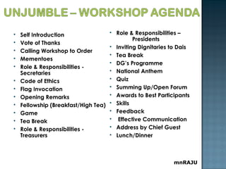  Self Introduction
 Vote of Thanks
 Calling Workshop to Order
 Mementoes
 Role & Responsibilities -
Secretaries
 Code of Ethics
 Flag Invocation
 Opening Remarks
 Fellowship (Breakfast/High Tea)
 Game
 Tea Break
 Role & Responsibilities -
Treasurers
 Role & Responsibilities –
Presidents
 Inviting Dignitaries to Dais
 Tea Break
 DG’s Programme
 National Anthem
 Quiz
 Summing Up/Open Forum
 Awards to Best Participants
 Skills
 Feedback
 Effective Communication
 Address by Chief Guest
 Lunch/Dinner
mnRAJU
 