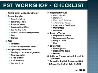 1. Fix up Date, Venue & Caterer
2. Fix up Speakers
 President’s Role
 Secretary’s Role
 Treasurer’s Role
 Inauguration Officer
 Leadership Skills
 District Governor’s Programme
 Quiz
 Games
3. Mail
 Invitation
 Detailed Programme Sheet
4. Assign Responsibilities
 Seating & Venue Arrangements
 Flag Invocation
 Code of Ethics
 Vote of Thanks
 Introductions
5. Prepare/Procure
 Pres & Sec Kits
 Stationery
 Handouts/Literature
 Attendance Register
 Attendance Certificates
 Mementoes
 Bouquets 
6. Bring to Venue
 Programme Banner
 Photographer/Camera
 Gong & Gavel
 Flag
7. Equipment
 LCD Projector
 Black/White Board
 Markers
8. Letter of Thanks to Participants &
Speakers 
9. Report to District Governor/DCS
10. Report to District Bulletin/PRO
mnRAJU
 