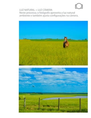 LUZ NATURAL + LUZ CÂMERA
Neste processo, o fotógrafo aproveita a luz natural
ambiente e também ajusta configurações na câmera.
 