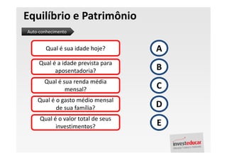 Equilíbrio e Patrimônio
Auto-conhecimento


       Qual é sua idade hoje?       A
     Qual é a idade prevista para
           aposentadoria?           B
       Qual é sua renda média
               mensal?              C
    Qual é o gasto médio mensal
           de sua família?          D
     Qual é o valor total de seus
           investimentos?           E
 