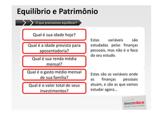Equilíbrio e Patrimônio
       O que precisamos equilibrar?


     Qual é sua idade hoje?
                                      Estas     variáveis    são
   Qual é a idade prevista para       estudadas pelas finanças
         aposentadoria?               pessoais, mas não é o foco
                                      do seu estudo.
     Qual é sua renda média
             mensal?
  Qual é o gasto médio mensal         Estas são as variáveis onde
         de sua família?              as     finanças    pessoais
   Qual é o valor total de seus       atuam, e são as que vamos
         investimentos?               estudar agora...
 