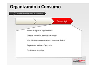 Organizando o Consumo
  Preparando-se para as compras


                                                  Como Agir


             Atente a algumas regras como:

             Evite se socializar, se mostrar amigo.

             Não demonstre sentimentos, interesse direto.

             Pagamento à vista = Desconto

             Controle os impulsos
 