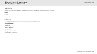 DEVELOPED BY THE INDT DESIGN TEAM
GAME CONCEPT - INDT
Executive Summary
High Concept
Drag and drop
Basic Control
To pass all phases of the 3 locales (circus) to become the best circus artist of the world.
Game Goal
N900 and N8
Target Platform
OVI Customers
Target Audience
The player is a human cannonball and he has to jump around the circus passing trough of obstacles to arrive on the target.
Parachute Ninja, Doodle Jump
Comparative products
2D Action
Genre
 