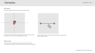 DEVELOPED BY THE INDT DESIGN TEAM
GAME CONCEPT - INDT
Gameplay
The camera will follow the human cannonball through the screen.
The camera
When the player dies the camera has to go back to the launcher point
The character had to be always on the center of the screen in the end of the
movement. The camera can have a little delay and easy in.
While the player is pulling down the elastic the camera is zooming out for
better view of the phase.
Camera move
If the game has checkpoints, the camera has to go back to the last checkpoint.
 
