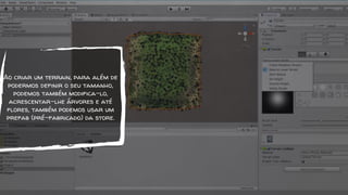 Ao criar um terrain, para além de
podermos definir o seu tamanho,
podemos também modifica-lo,
acrescentar-lhe árvores e até
flores, também podemos usar um
prefab (pré-fabricado) da store.
 