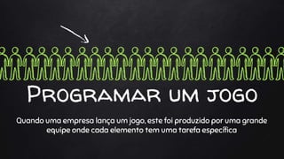 Programar um jogo
Quando uma empresa lança um jogo, este foi produzido por uma grande
equipe onde cada elemento tem uma tarefa específica
 