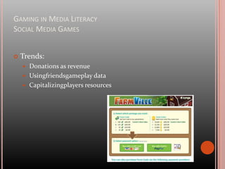 Gaming in Media LiteracyExamples of games – Global ConflictsGlobal Conflicts: Child soldiers (GC:CS - 2009)Focusses on child soldiers in Uganda, human rights and war crimes.