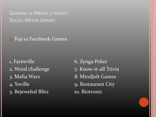 Gaming in Media LiteracyExamples of games – Global ConflictsGlobal Conflicts: Sweatshop (GC:S)Journalist is in Bangladesh as a representative of European leatherwear to investigation child labour in a tannery