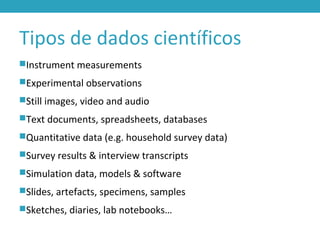 Tipos de dados científicos
Instrument measurements
Experimental observations
Still images, video and audio
Text documents, spreadsheets, databases
Quantitative data (e.g. household survey data)
Survey results & interview transcripts
Simulation data, models & software
Slides, artefacts, specimens, samples
Sketches, diaries, lab notebooks…
 
