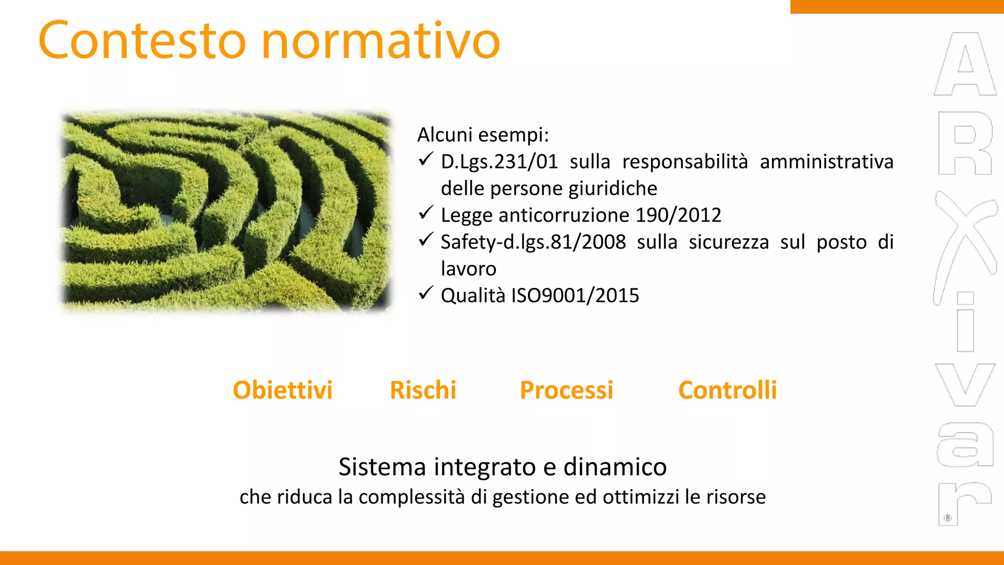 Obiettivi Rischi Processi Controlli
Alcuni esempi:
 D.Lgs.231/01 sulla responsabilità amministrativa
delle persone giuridiche
 Legge anticorruzione 190/2012
 Safety-d.lgs.81/2008 sulla sicurezza sul posto di
lavoro
 Qualità ISO9001/2015
www.taleaconsulting.it
Sistema integrato e dinamico
che riduca la complessità di gestione ed ottimizzi le risorse
 