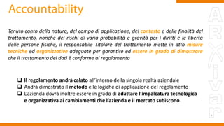 Tenuto conto della natura, del campo di applicazione, del contesto e delle finalità del
trattamento, nonché dei rischi di varia probabilità e gravità per i diritti e le libertà
delle persone fisiche, il responsabile Titolare del trattamento mette in atto misure
tecniche ed organizzative adeguate per garantire ed essere in grado di dimostrare
che il trattamento dei dati è conforme al regolamento
 Il regolamento andrà calato all’interno della singola realtà aziendale
 Andrà dimostrato il metodo e le logiche di applicazione del regolamento
 L’azienda dovrà inoltre essere in grado di adattare l’impalcatura tecnologica
e organizzativa ai cambiamenti che l’azienda e il mercato subiscono
 