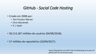 GitHub - Social Code Hosting
• Criado em 2008 por:
• Tom Preston-Werner
• Chris Wanstrath
• P. J. Hyett
• 30,113,187 milhões de usuários (04/08/2018);
• 57 milhões de repositórios (10/04/2017).
https://blog.github.com/2017-04-10-celebrating-nine-years-of-
github-with-an-anniversary-sale/
 