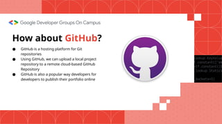 How about GitHub?
● GitHub is a hosting platform for Git
repositories
● Using GitHub, we can upload a local project
repository to a remote cloud-based GitHub
Repository
● GitHub is also a popular way developers for
developers to publish their portfolio online
 