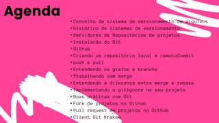Agenda
• Conceito de sistema de versionamento de arquivos
• Histórico de sistemas de versionamento
• Servidores de Repositórios de projetos
• Instalacão do Git
• Github
• Criando um repositório local e remotoCommit
• push e pull
• Entendendo os grafos e branchs
• Trabalhando com merge
• Entendendo a diferença entre merge e rebase
• Implementando o gitignore no seu projeto
• Boas práticas com Git
• Fork de projetos no Github
• Pull request em projetos no Github
• Client Git Kraken
 