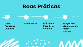 Faça
Pequenos
Commits
Boas Práticas
Use branchs Utilize um
fluxo bem
definido
Integre seu
código o mais
rápido
possível
 