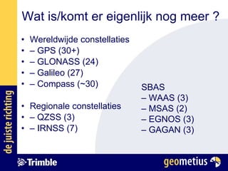 Wat is/komt er eigenlijk nog meer ? Wereldwijde constellaties –  GPS (30+) –  GLONASS (24) –  Galileo (27) –  Compass (~30)  Regionale constellaties –  QZSS (3) –  IRNSS (7) SBAS –  WAAS (3) –  MSAS (2) –  EGNOS (3) –  GAGAN (3) 