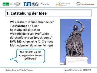 ProLehre
Barbara Beege und Angelika Thielsch gmw13, Frankfurt a.M., 05.09.2013
Hochschuldidaktik
1. Entstehung der Idee
Was passiert, wenn Lehrende der
TU München an einer
hochschuldidaktischen
Weiterbildung von ProfiLehre
durchgeführt von Sprachraum /
LMU München, eine für Sie neue
Methodenvielfalt kennenlernen?
Die müsste es als
App geben – immer
griffbereit!
 