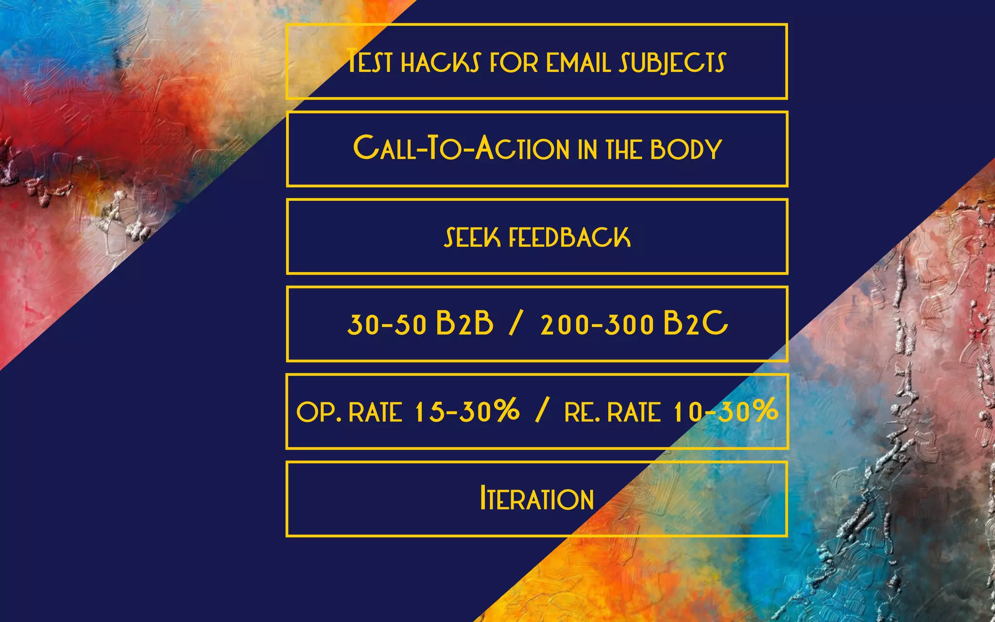 TEST HACKS FOR EMAIL SUBJECTS
CALL-TO-ACTION IN THE BODY
SEEK FEEDBACK
30-50 B2B / 200-300 B2C
OP. RATE 15-30% / RE. RATE 10-30%
ITERATION
 