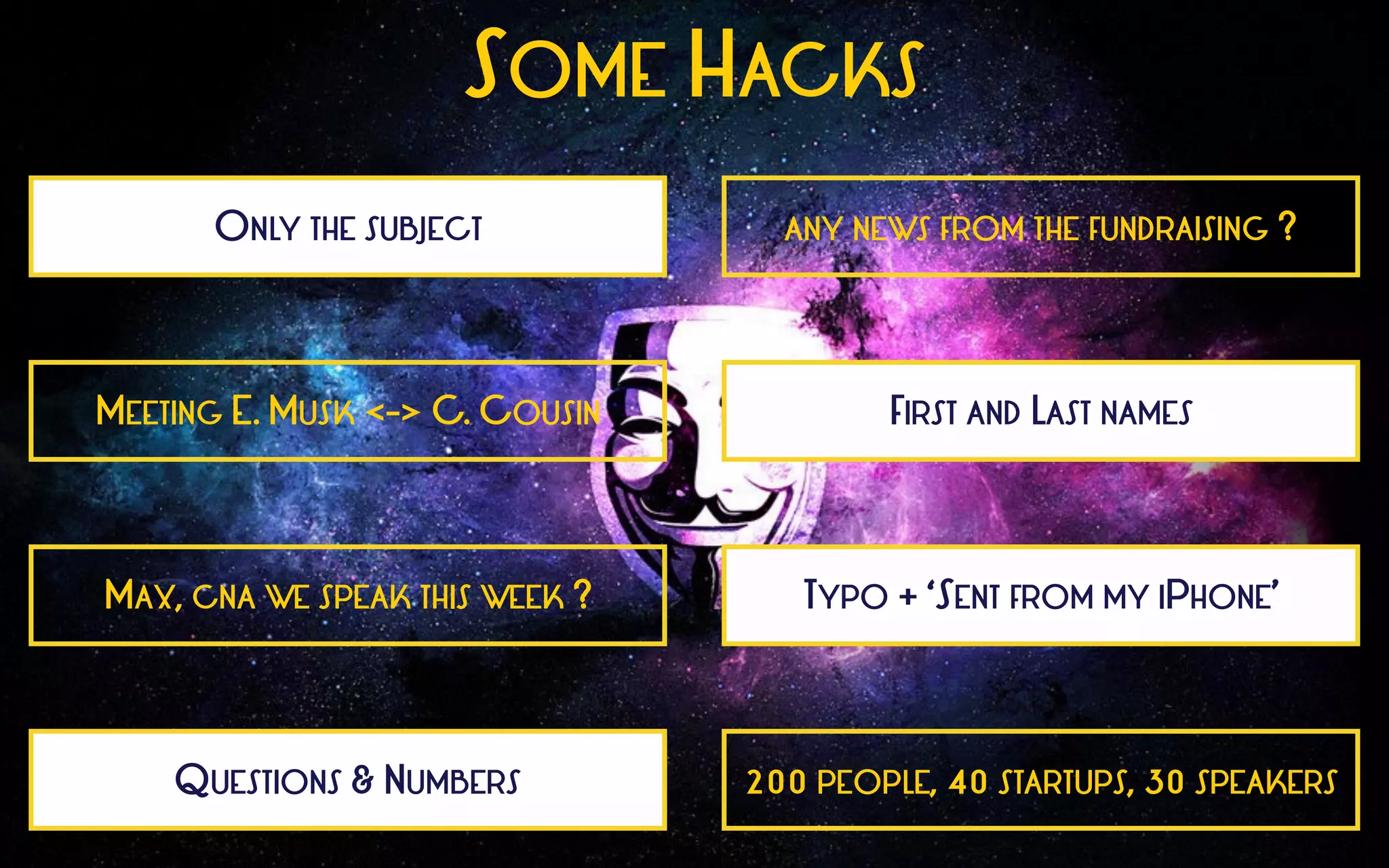 SOME HACKS
ONLY THE SUBJECT
FIRST AND LAST NAMES
TYPO + ‘SENT FROM MY IPHONE’
ANY NEWS FROM THE FUNDRAISING ?
MEETING E. MUSK <-> C. COUSIN
MAX, CNA WE SPEAK THIS WEEK ?
QUESTIONS & NUMBERS 200 PEOPLE, 40 STARTUPS, 30 SPEAKERS
 
