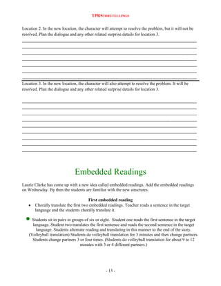 TPRSTORYTELLING®
Location 2. In the new location, the character will attempt to resolve the problem, but it will not be
resolved. Plan the dialogue and any other related surprise details for location 3.
_________________________________________________________________________________
_________________________________________________________________________________
_________________________________________________________________________________
_________________________________________________________________________________
_________________________________________________________________________________
_________________________________________________________________________________
_________________________________________________________________________________
Location 3. In the new location, the character will also attempt to resolve the problem. It will be
resolved. Plan the dialogue and any other related surprise details for location 3.
_________________________________________________________________________________
_________________________________________________________________________________
_________________________________________________________________________________
_________________________________________________________________________________
_________________________________________________________________________________
_________________________________________________________________________________
_________________________________________________________________________________
_________________________________________________________________________________
_________________________________________________________________________________

Embedded Readings
Laurie Clarke has come up with a new idea called embedded readings. Add the embedded readings
on Wednesday. By then the students are familiar with the new structures.
First embedded reading
Chorally translate the first two embedded readings. Teacher reads a sentence in the target
language and the students chorally translate it.
Students sit in pairs in groups of six or eight. Student one reads the first sentence in the target
language. Student two translates the first sentence and reads the second sentence in the target
language. Students alternate reading and translating in this manner to the end of the story.
(Volleyball translation) Students do volleyball translation for 3 minutes and then change partners.
Students change partners 3 or four times. (Students do volleyball translation for about 9 to 12
minutes with 3 or 4 different partners.)

- 13 -

 