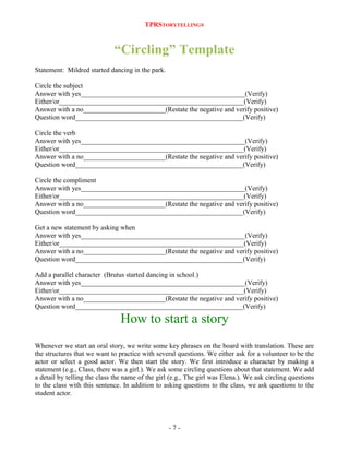 TPRSTORYTELLING®

“Circling” Template
Statement: Mildred started dancing in the park.
Circle the subject
Answer with yes________________________________________________(Verify)
Either/or______________________________________________________(Verify)
Answer with a no________________________(Restate the negative and verify positive)
Question word_________________________________________________(Verify)
Circle the verb
Answer with yes________________________________________________(Verify)
Either/or______________________________________________________(Verify)
Answer with a no________________________(Restate the negative and verify positive)
Question word_________________________________________________(Verify)
Circle the compliment
Answer with yes________________________________________________(Verify)
Either/or______________________________________________________(Verify)
Answer with a no________________________(Restate the negative and verify positive)
Question word_________________________________________________(Verify)
Get a new statement by asking when
Answer with yes________________________________________________(Verify)
Either/or______________________________________________________(Verify)
Answer with a no________________________(Restate the negative and verify positive)
Question word_________________________________________________(Verify)
Add a parallel character (Brutus started dancing in school.)
Answer with yes________________________________________________(Verify)
Either/or______________________________________________________(Verify)
Answer with a no________________________(Restate the negative and verify positive)
Question word_________________________________________________(Verify)

How to start a story
Whenever we start an oral story, we write some key phrases on the board with translation. These are
the structures that we want to practice with several questions. We either ask for a volunteer to be the
actor or select a good actor. We then start the story. We first introduce a character by making a
statement (e.g., Class, there was a girl.). We ask some circling questions about that statement. We add
a detail by telling the class the name of the girl (e.g., The girl was Elena.). We ask circling questions
to the class with this sentence. In addition to asking questions to the class, we ask questions to the
student actor.

-7-

 