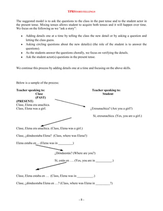 TPRSTORYTELLING®
The suggested model is to ask the questions to the class in the past tense and to the student actor in
the present tense. Mixing tenses allows student to acquire both tenses and it will happen over time.
We focus on the following as we “ask a story”:
Adding details one at a time by telling the class the new detail or by asking a question and
letting the class guess.
Asking circling questions about the new detail(s) (the role of the student is to answer the
questions).
As the students answer the questions chorally, we focus on verifying the details.
Ask the student actor(s) questions in the present tense.

We continue this process by adding details one at a time and focusing on the above skills.

Below is a sample of the process:
Teacher speaking to:
Clase
(PAST)
(PRESENT)
Clase, Elena era unachica.
Class, Elena was a girl.

Teacher speaking to:
Student

¿Eresunachica? (Are you a girl?)
Sí, eresunachica. (Yes, you are a girl.)

Clase, Elena era unachica. (Class, Elena was a girl.)
Clase, ¿dóndeestaba Elena? (Class, where was Elena?)
Elena estaba en ... (Elena was in _________)
¿Dóndeestás? (Where are you?)
Sí, estás en …. (Yes, you are in __________.)

Clase, Elena estaba en … (Class, Elena was in __________.)
Clase, ¿dóndeestaba Elena en …? (Class, where was Elena in _________?)

-8-

 